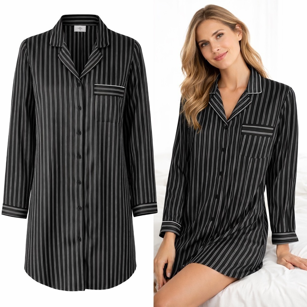 In Bloom | Black & White Pinstripe Pajama Sleep Shirt | Size M